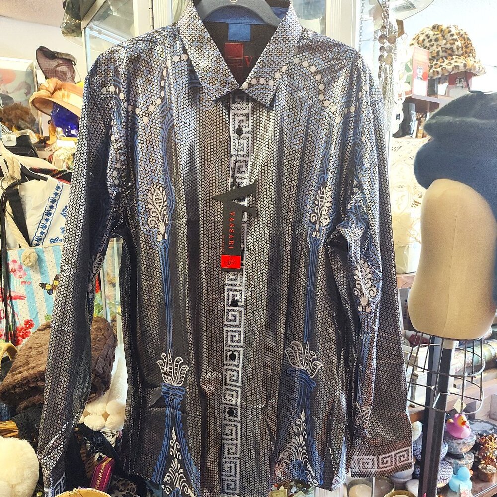 VARSARI BLUE SILVER GREEK KEY MAN'S DRESS SHIRT